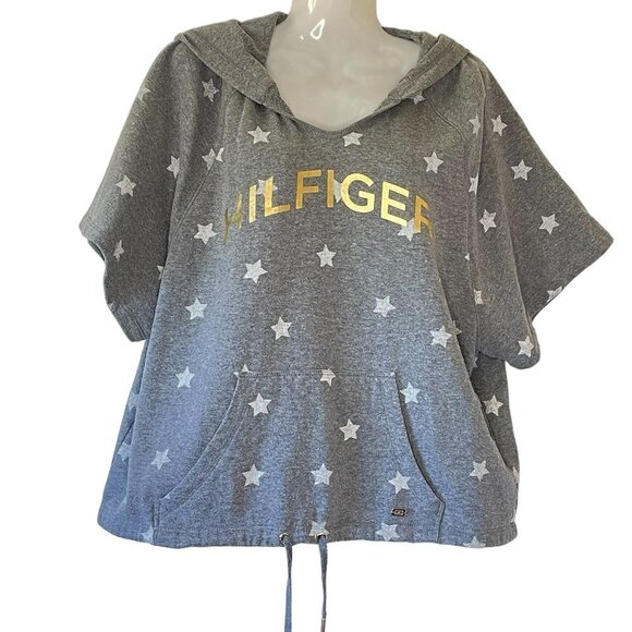 Tommy Hilfiger Sport Hoodie Oversize Grey has White Stars Gold Metallic Spellout - Picture 1 of 9